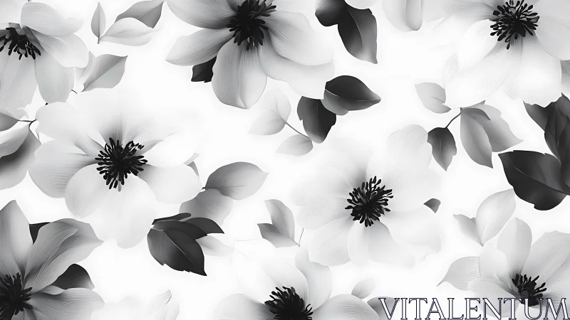 Monochrome florals dance in ethereal suspension across white.
