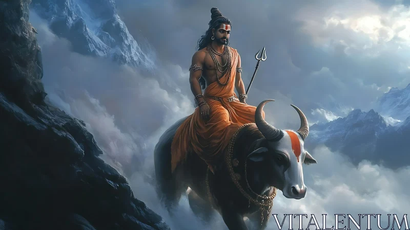 Mystic ascetic riding sacred bull through storm clouds.