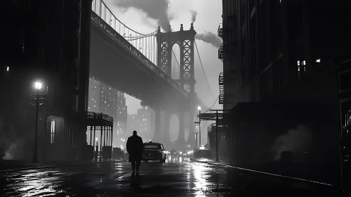 Noir city bridge at night with solitary silhouetted figure.