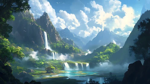 Sunlit waterfall valley inviting you into a calm daydream.