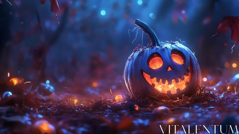 Glowing jack o lantern smiling in a dreamy autumn forest.