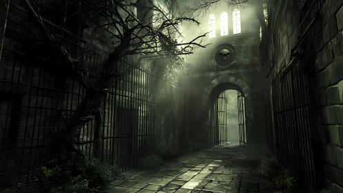 Abandoned stone corridor shows gated archway in misty light