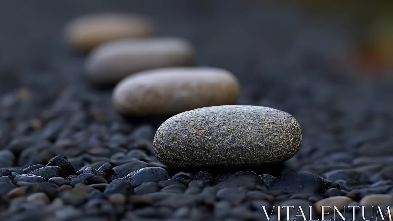 Smooth river stones aligned in tranquil shallow focus row.