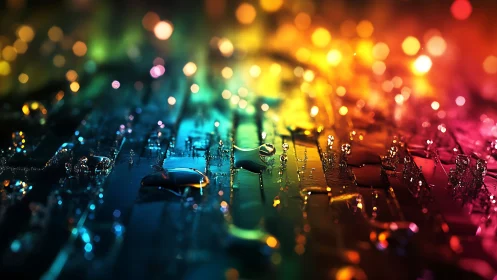 Rainbow droplets shimmer across glowing abstract surface.