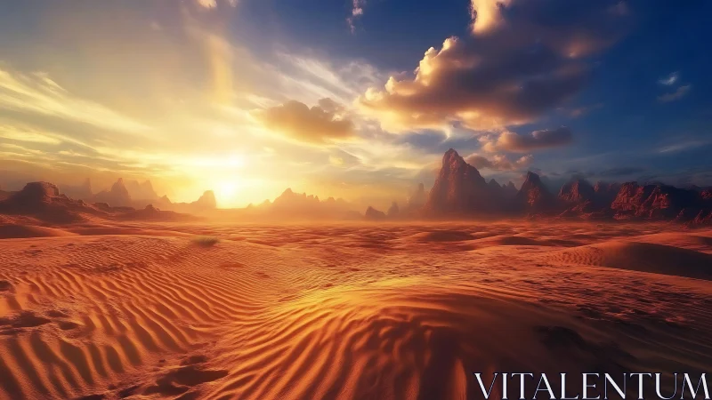 Radiant aeolian dune field under stratified desert sunset.