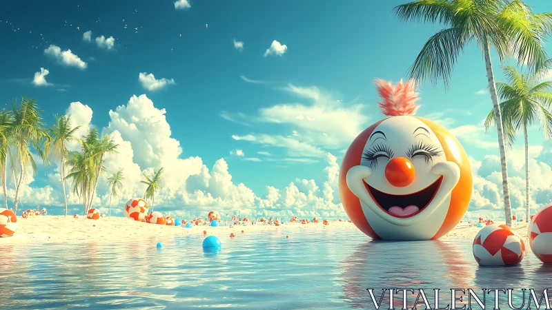 Clown-faced inflatable sphere on tropical beach shoreline.