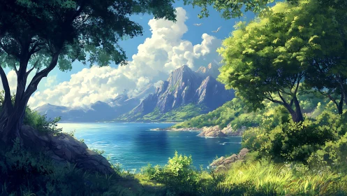 Sunlit mountain cove framed by lush coastal forest.