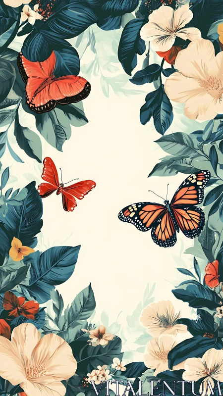 Butterflies dance through lush florals in a painted garden frame.
