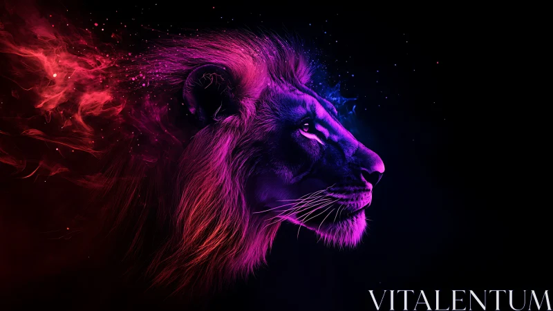 Neon lion profile glows in cosmic magenta and cyan light.