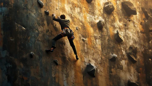 Solo climber scales sunlit indoor rock wall in silhouette.
