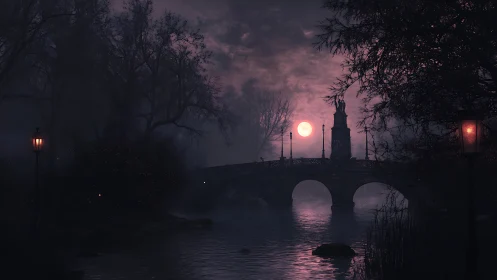Midnight bridge under violet moon, where fog keeps secrets.