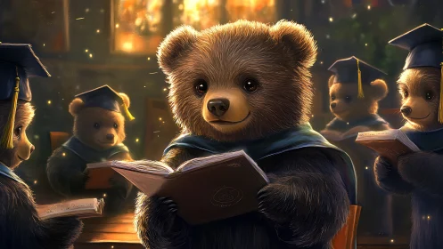 Group of teddy bear graduates reading books in warm light