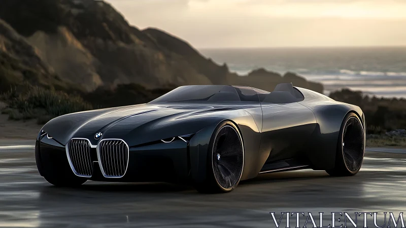 Futuristic BMW roadster concept glows on a serene coastal highway.
