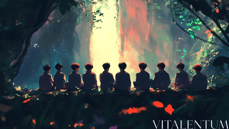 Backlit forest gathering in luminous atmospheric digital art.