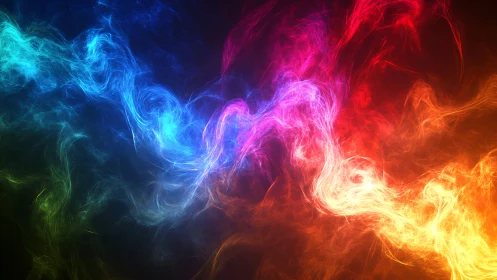 Neon energy waves swirl across deep black gradient field.