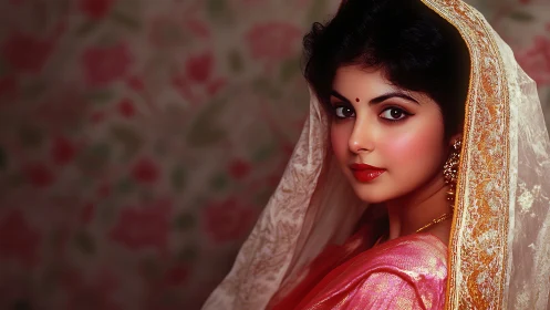 Photorealistic Indian bride portrait in pink silk sari.