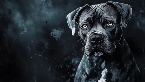 High-contrast digital portrait of melancholic boxer dog subject.