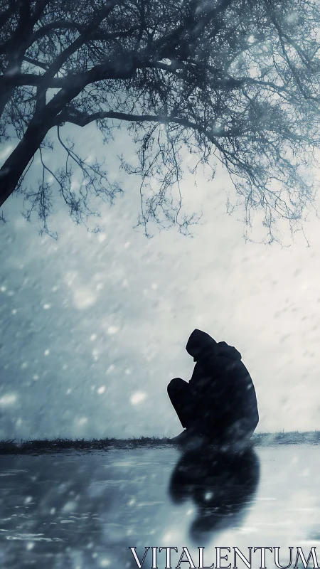 Solitary hooded figure in winter storm with reflective surface.