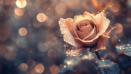 Rose glistens with dewdrops in warm golden light.