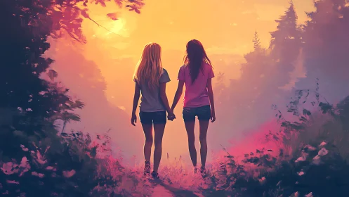 Backlit friends walking through sunset forest path together