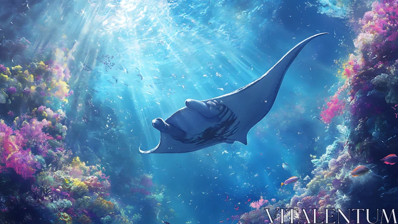 Manta ray glides like a skyship through jeweled coral canyons