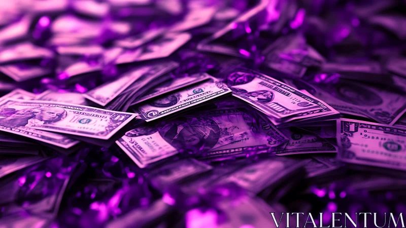 Glimmering purple glow wraps stacks of scattered dollar bills