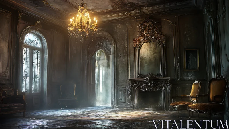 Decaying baroque salon with dusty chandeliers and gilded chairs.