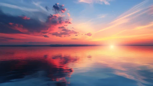 Sunset sky ignites calm ocean horizon with vivid reflections.