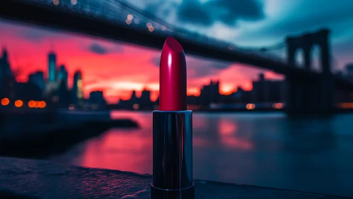 Urban glamour lipstick close-up against neon dusk skyline.