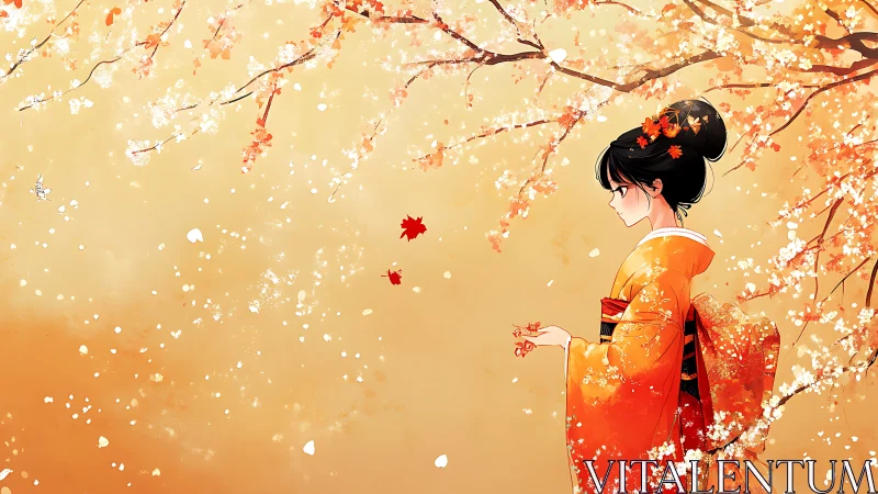 Gentle autumn girl in kimono enjoys drifting cherry petals