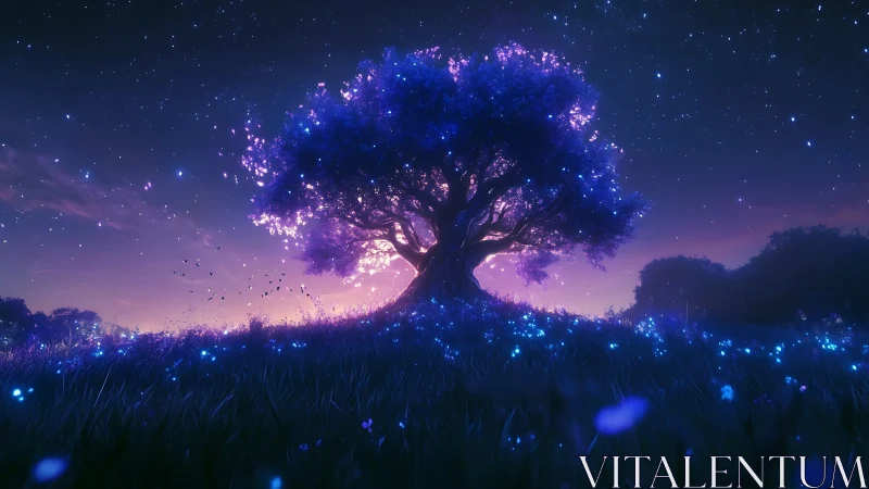 Enchanted twilight tree glowing softly beneath starry skies.