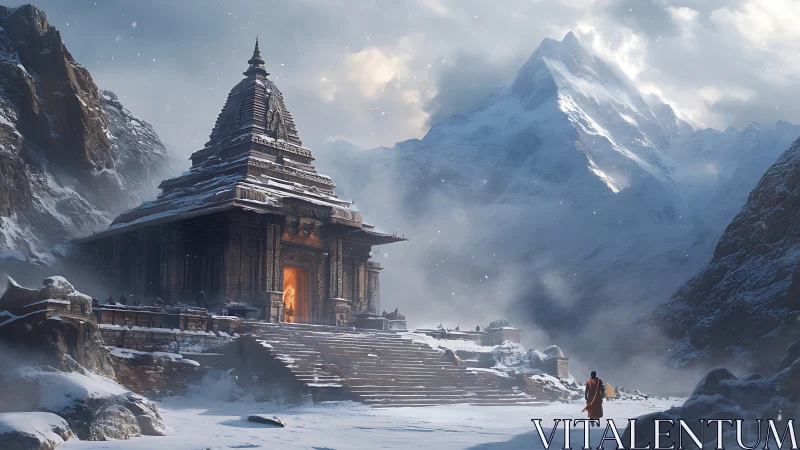 Snowbound mountain temple glows against looming alpine peaks