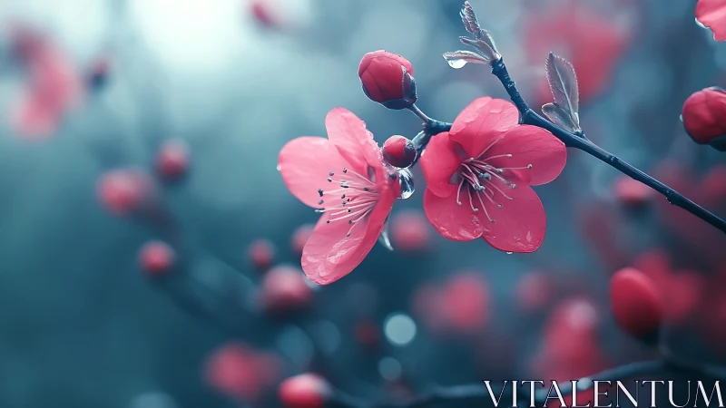 Pink Blossoms Glistening With Morning Dew.