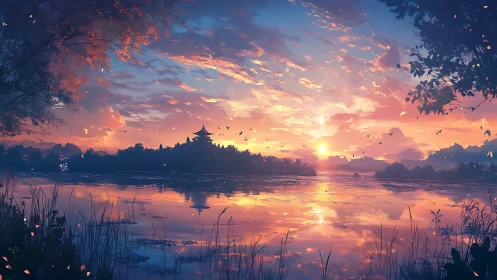 Sunset over tranquil lake with distant pagoda silhouette.