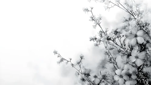 Monochrome blossom branches in soft high‑key negative space.