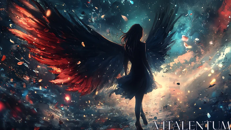 Silhouetted winged figure stands amid abstract cosmic debris