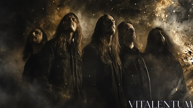 Metal band stands in fiery cosmic haze with intense resolve