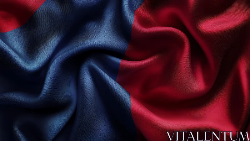 Folded red and blue satin fabric with central seam.