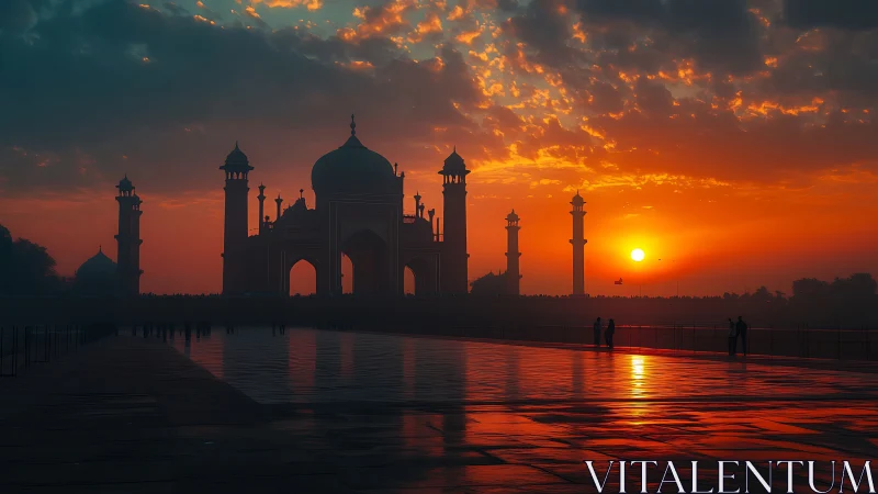 Silhouetted domed structure stands against low sunrise sky