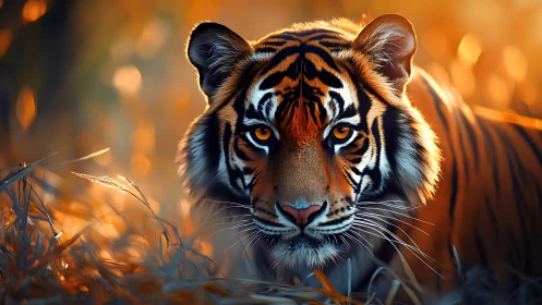 Golden hour tiger gazing softly through glowing forest grass.