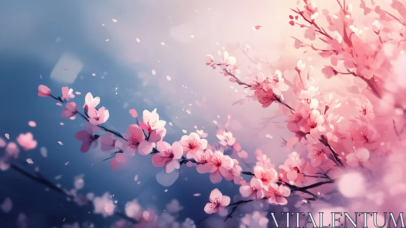 Petal-laden cherry branches drift softly through painted dusk