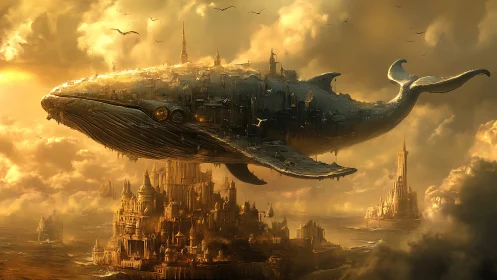 Floating architectural whale structure traverses cloudy skyline