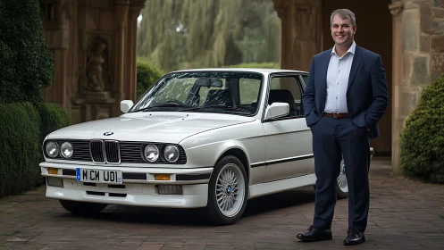 Tailored confidence shares the driveway with classic BMW charm