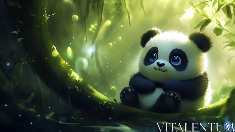 Bioluminescent forest cradle with luminous baby panda study.