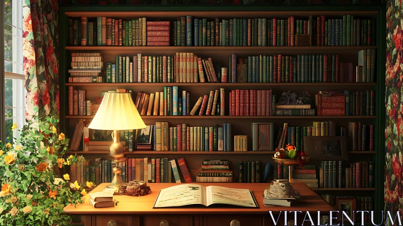 Lamp lit library nook where quiet stories bloom at dusk.
