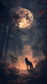 Lone wolf stands on forest path under glowing full moon.
