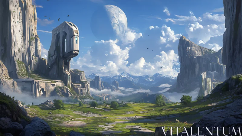 Futuristic cliff citadel overlooks serene alien valley under moon
