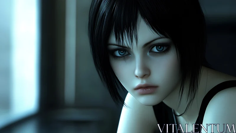 Soft blue gaze lingers in a quiet moment of gentle thought