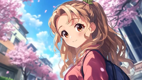 Anime schoolgirl under cherry blossoms on sunny street.