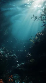 Sunlit underwater ravine renders volumetric rays in depth